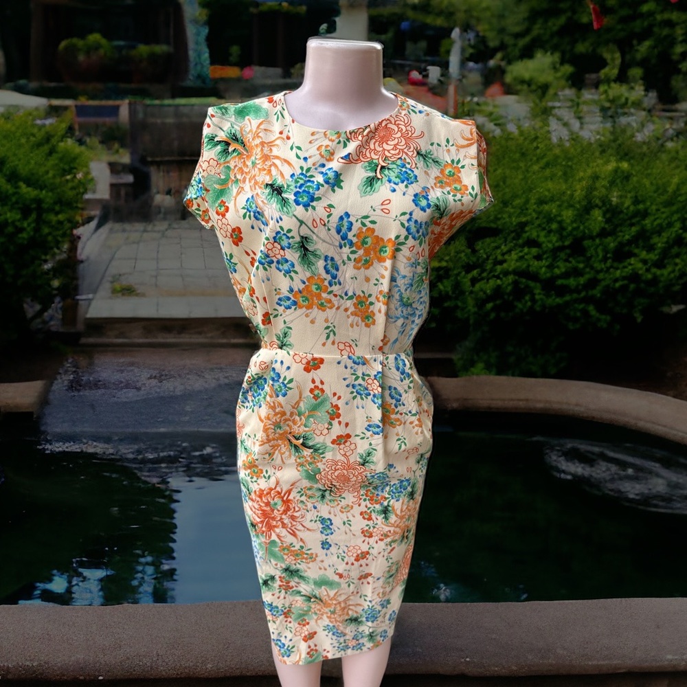 ASOS Floral Midi Dress Size 4 Split Draped Sleeve Pockets Orange Green Retro